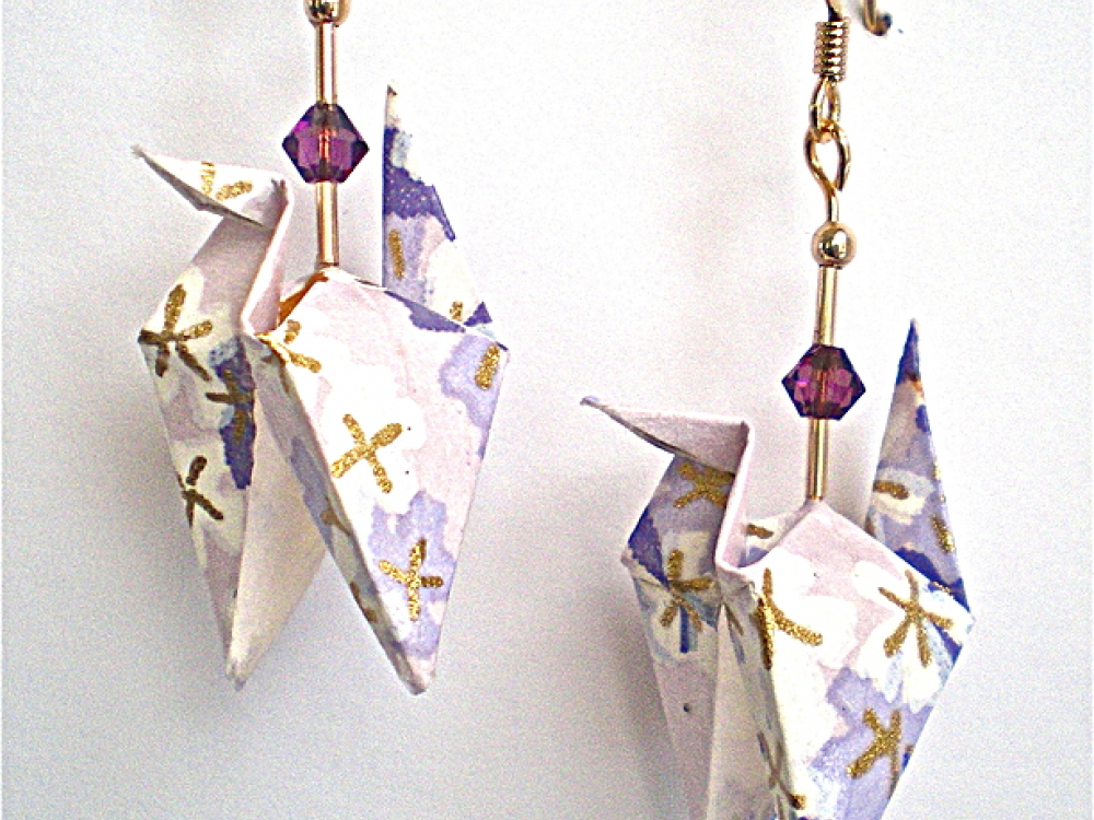 Origami earrings purple crane with hematite cubes and onyx