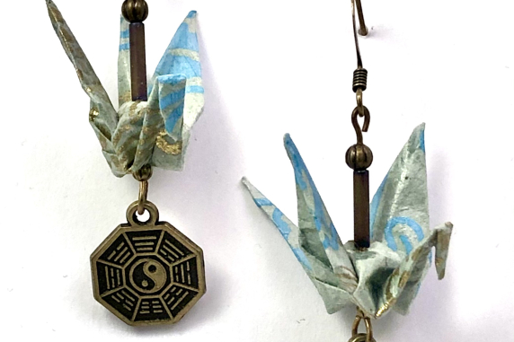Gold on Blue Origami Earrings with Against Evil Charm