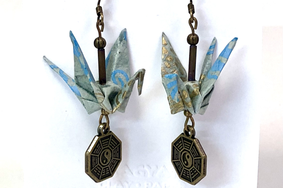 Gold on Blue Origami Earrings with Against Evil Charm