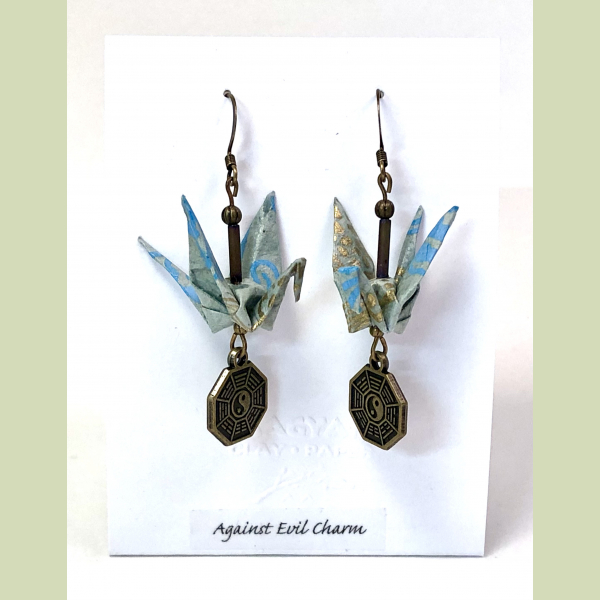 Gold on Blue Origami Earrings with Against Evil Charm