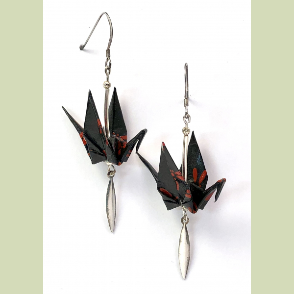 Red Dragonflies on Black Origami Earrings with Sterling Silver Paddle Dangles
