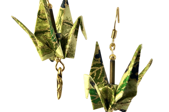 Green Floral Origami Earrings with Leaf Dangle