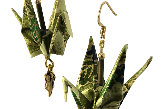 Green Floral Origam Earrings with Leaf Dangle
