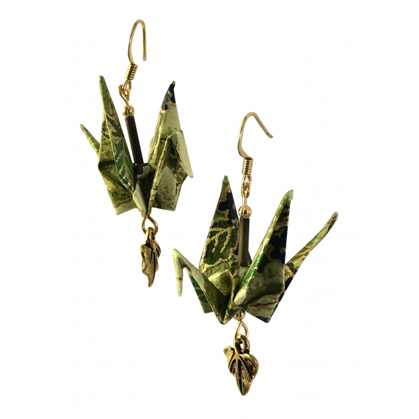 Green Floral Origam Earrings with Leaf Dangle