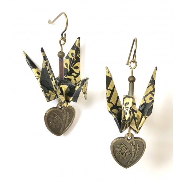 Origami Crane Earrings with Good Luck Heart Charm