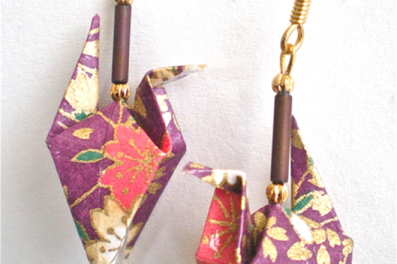 Raspberry Blossoms Crane Earrings - wings down Origami Crane Earrings with wings down