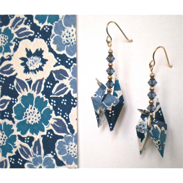Big Blue Floral Japanese Yuzen paper w/ crane earrings