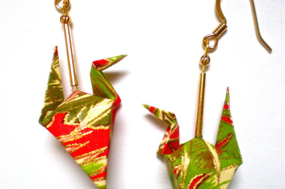 Tropical Red & Green Origami Crane Earrings with wings down Origami Crane Earrings with wings down