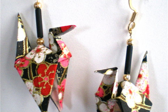 Plum Stars Origami Crane Earrings with wings down Plum Stars Origami Crane Earrings