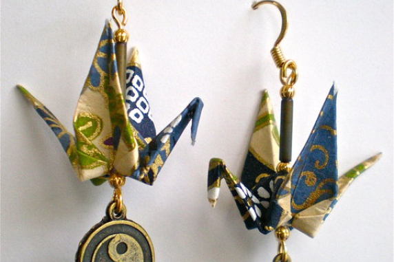 Origami Crane Earrings with Asian Peace & Safety Charm