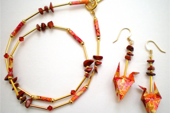 Autumn Maple & Red Jasper Earring & Necklace set Origami Earring and Necklace set