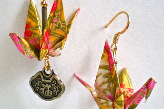Origami Crane Earrings with Asian Good Luck Charm