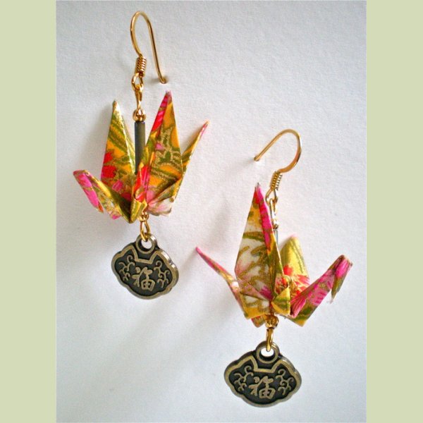 Origami Crane Earrings with Asian Good Luck Charm