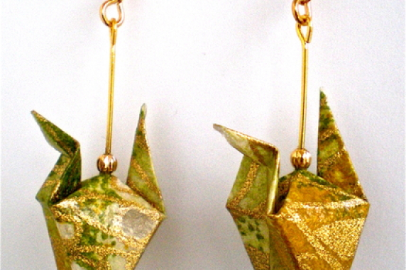 Leaves on Ochre Gold Origami Crane Earrings with wings down Origami Crane Earrings with wings down