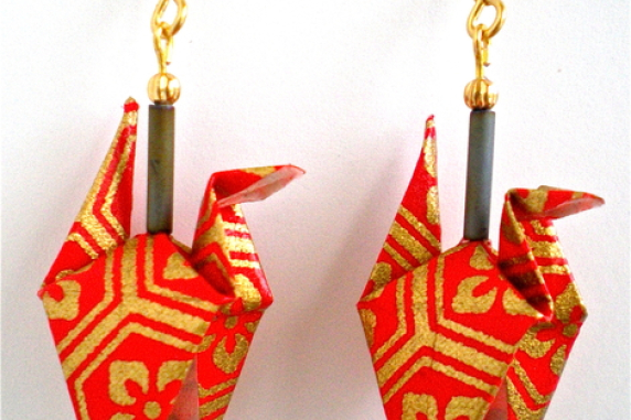 Red Gold Origami Crane Earrings - wings down Origami Crane Earrings with wings down