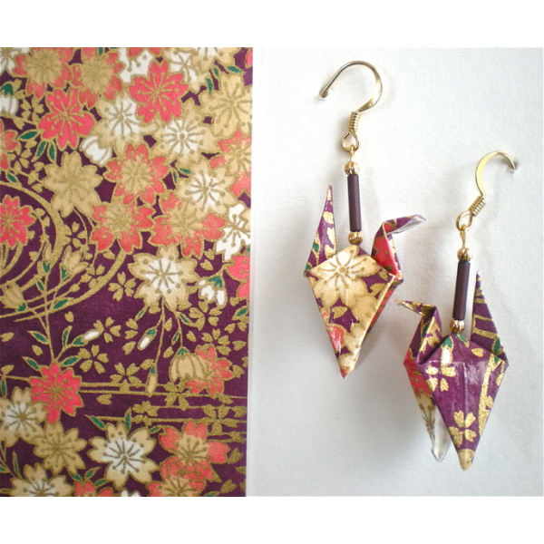Origami crane earrings and Japanese Yuzen paper sample