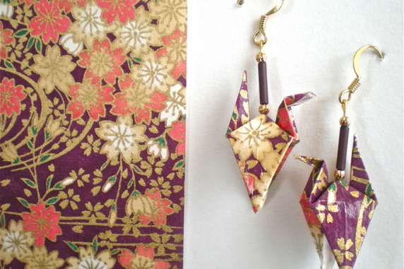 Raspberry Blossoms Crane Earrings and Japanese Yuzen paper sample Origami crane earrings and Japanese Yuzen paper sample