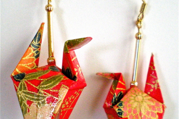 Red Floral Origami Crane Earrings with wings down
