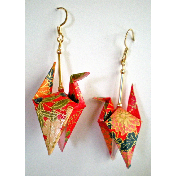 Red Floral Origami Crane Earrings with wings down