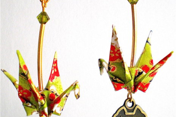 Origami Crane Earrings with Asian Good Luck Charm
