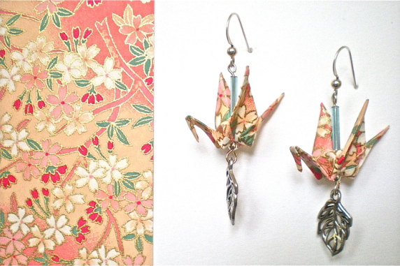 Floral Peach Japanese Yuzen paper and crane earrings