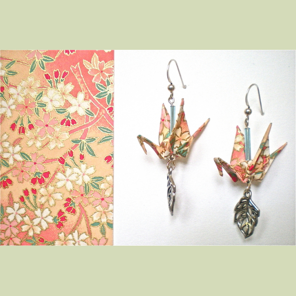 Floral Peach Japanese Yuzen paper and crane earrings