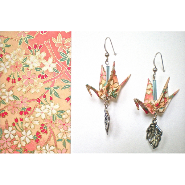 Floral Peach Japanese Yuzen paper and crane earrings