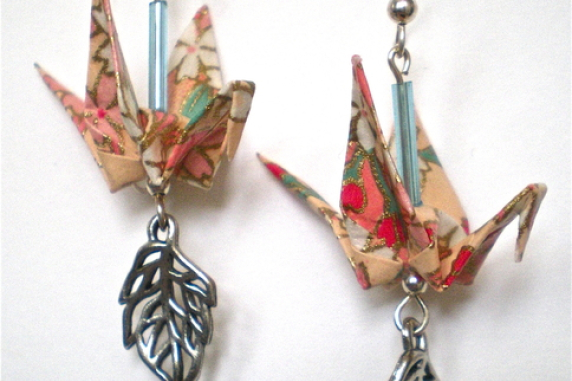 Origami inspired crane earrings with silver open leaf dangle