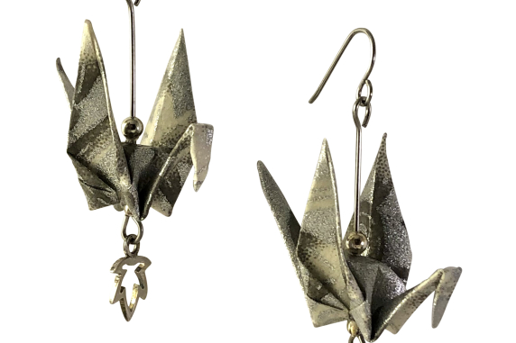 Silver origami earrings with leaf charm