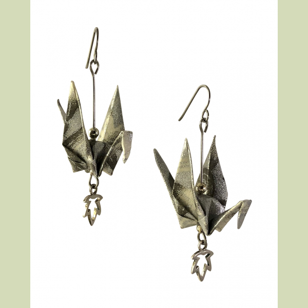 Silver origami earrings with leaf charm