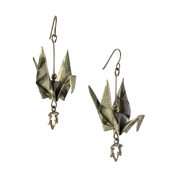 Silver origami earrings with leaf charm