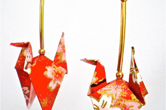 Pink Red White Blossom Origami Crane Earrings - wings down Origami Crane Earrings with wings down