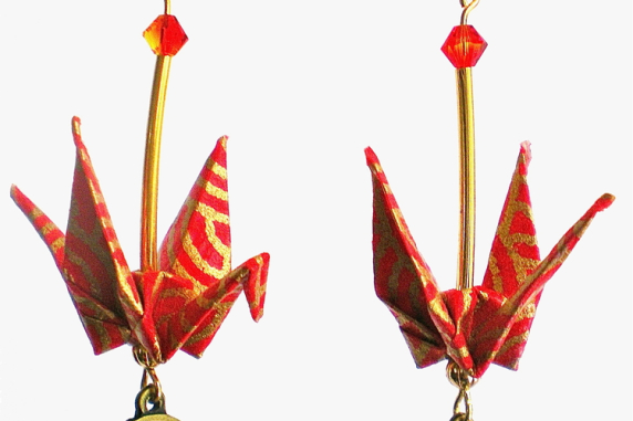 Red Gold Origami Crane Earrings