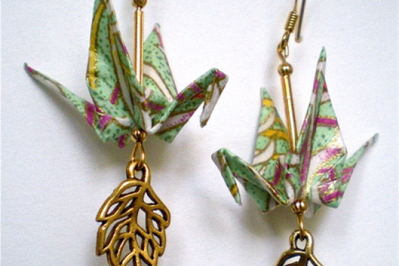Origami inspired crane earrings with leaf dangle