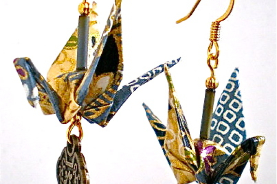 Origami Crane Earrings with Asian Good Luck Charm
