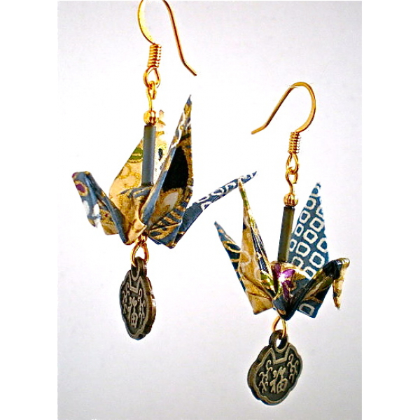 Origami Crane Earrings with Asian Good Luck Charm
