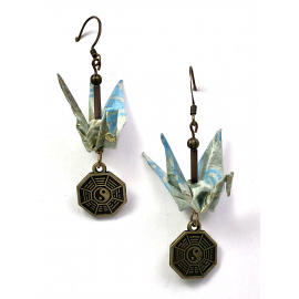 Gold on Blue Origami Earrings with Against Evil Charm