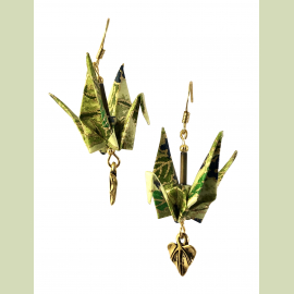 Green Floral Origami Earrings with Leaf Dangle