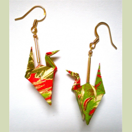 Tropical Red & Green Origami Crane Earrings with wings down Origami Crane Earrings with wings down