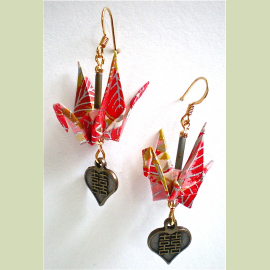 Red Silver Origami Cranes with Double Happiness Asian Charms Red Silver Cranes with Double Happiness Charm
