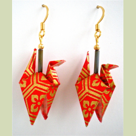 Red Gold Origami Crane Earrings - wings down Origami Crane Earrings with wings down