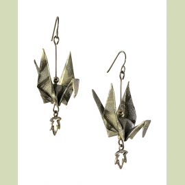 Silver Origami Crane Earrings with Sterling Silver Leaf Charm Dangles Silver origami earrings with leaf charm