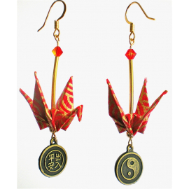 Red Gold Origami Crane Earrings