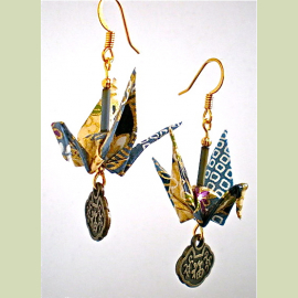 Floral Ivory Blue Crane Earrings with Good Luck Charm Origami Crane Earrings with Asian Good Luck Charm