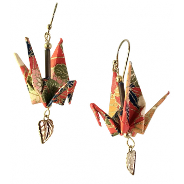 Red Floral Origami Inspired Earrings with Leaf Charm Dangle