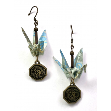Gold on Blue Origami Inspired Earrings with Against Evil (Protection) Charm Dangles