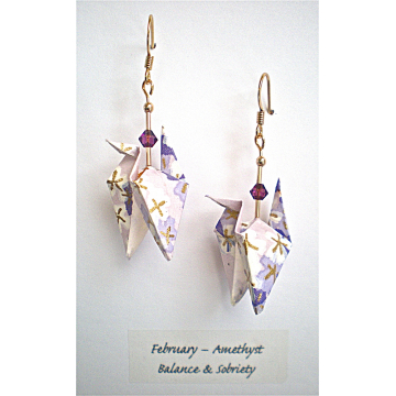 February Origami Crane Earrings with Amethyst Crystals