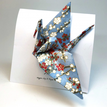 White and Red Blossoms on Blue Origami Inspired Pin