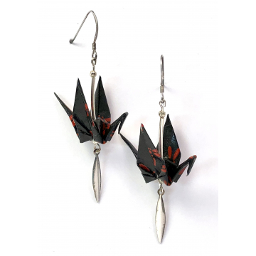 Red Dragonflies on Black Origami Earrings with Sterling Silver Paddle Dangles