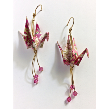 Origami Crane Earrings with Pink Swarovski Crystals